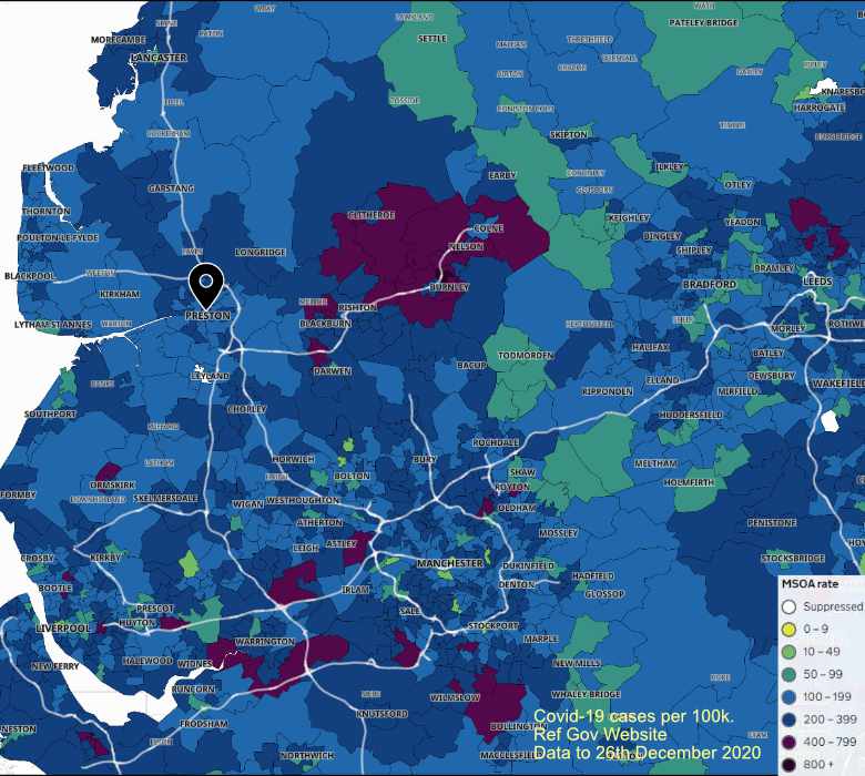 Covid19 Map of North West England from the Government Website data 26th December 2020