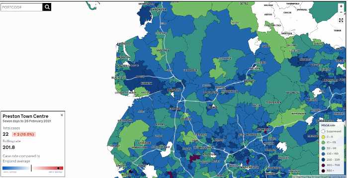 Map of Preston area Covid Cases 26th Febuary 2021