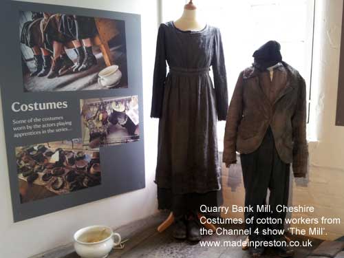 Cotton workers clothes, display at Quarry Bank Mill for the 'the Mill' Channel 4