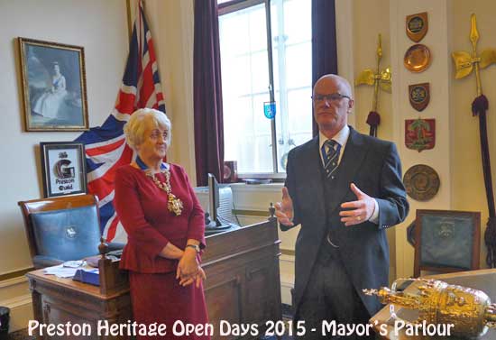 The Mayor of Preston, Margaret McManus, with the Sergeant, Bill in the Mayor's Parlour.