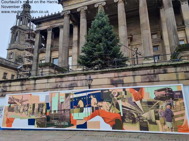 The mural on the Harris Museum Preston during refurbishment symbolising the diversity of the workforce at the now closed  Courtauld's rayon factory in Preston.