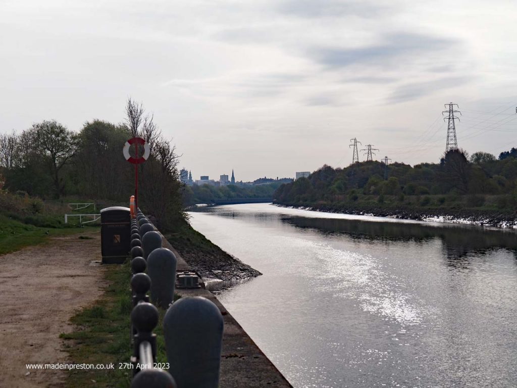 The view along the River Ribble into Preston from the near the Bullnose at the far western end of Preston Docks