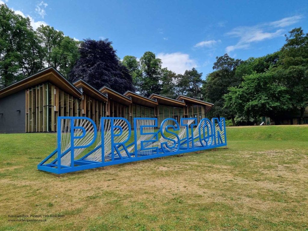 Avenham Park Pavilion and Preston sign,  19th June 2023